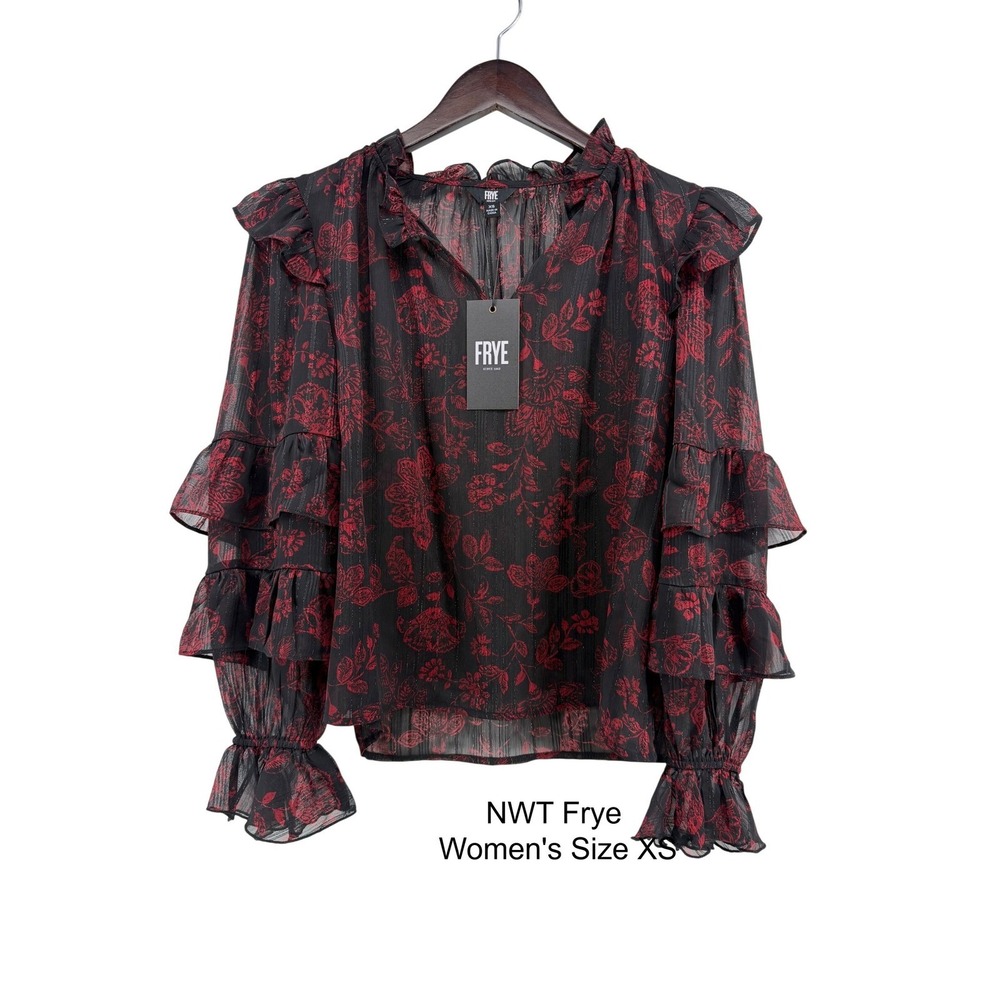 NWT Frye Women's XS Black Red Floral Ruffle Tiered Sleeve Metallic‎ Blouse